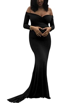 Maternity Elegant Fitted Maternity Gown Long Sleeve Slim Fit Maxi Photography Dress