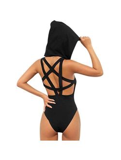 Women Rave Pentagram Bodysuit Jumpsuit Sexy Hoodie Festival Clothing Romper for Dance Party Clubwear