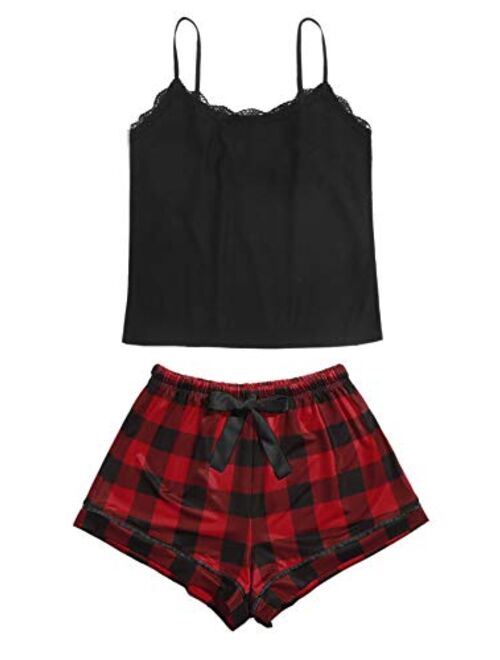 SweatyRocks Women's Sleepwear Set Plaid Print Cami Top and Elastic Waist Short Pajama Set