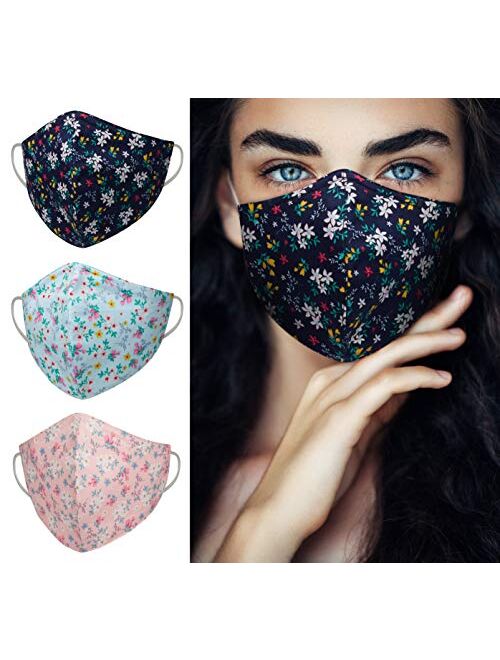 3 Pieces X 1 Pack Water Repellent Face Masks 3D Design Professional Quality, Clean-Finished Fashion Fabric Face Covering Adjustable Nose Wire, American Size (10" x 5.5")