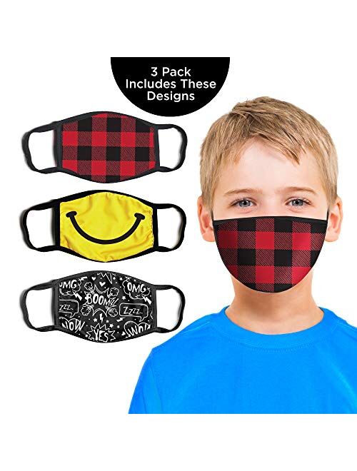 ABG Accessories Boys' 3-Pack Kid Fashionable Germ Protection, Reusable Fabric Face Mask Age 4-14, Smily Design, Boys-4-14