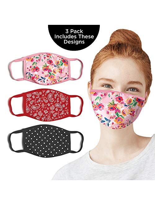 ABG Accessories Women's 3-Pack Adult Fashionable Germ Protection, Reusable Fabric Face Mask, Flower Design