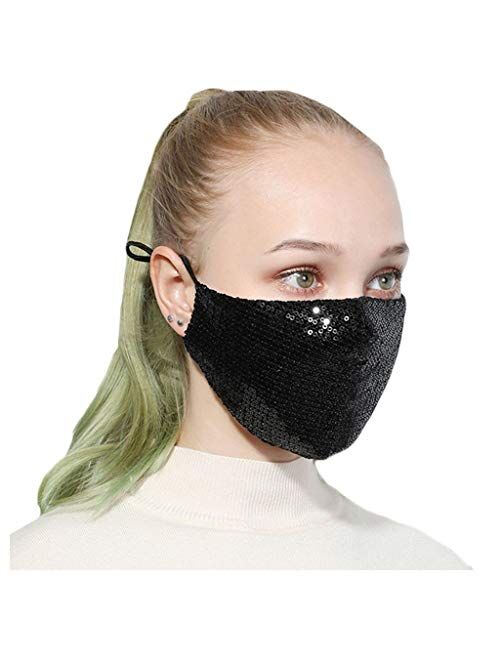 2 Pack Glitter Face Bandanas, Washable Sequins Cotton Mouth Protective Anti-Dust Facial Sparkly Reusable Windproof for Party Wedding Nightclub Outdoor Ski Cycling Camping