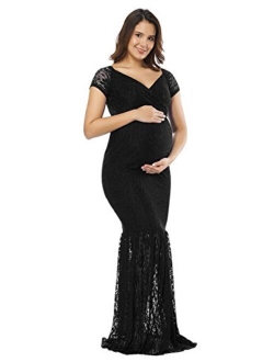 JustVH Women's Off Shoulder Short Sleeve V Neck Lace Maternity Gown Maxi Photography Dress