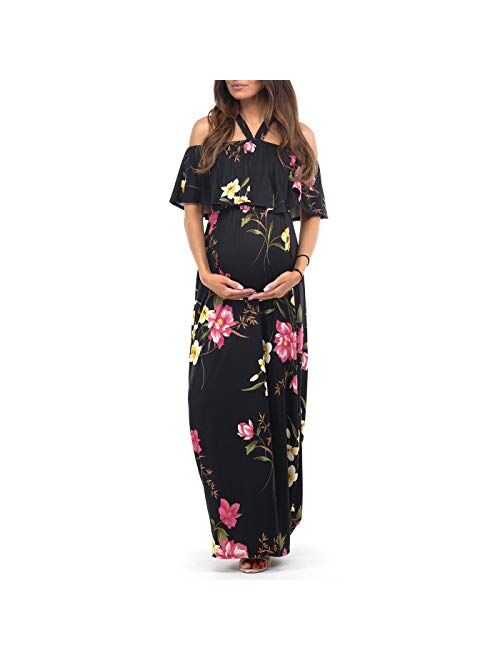 Mother Bee Maternity Open Shoulder Maternity Dress with Ruffles