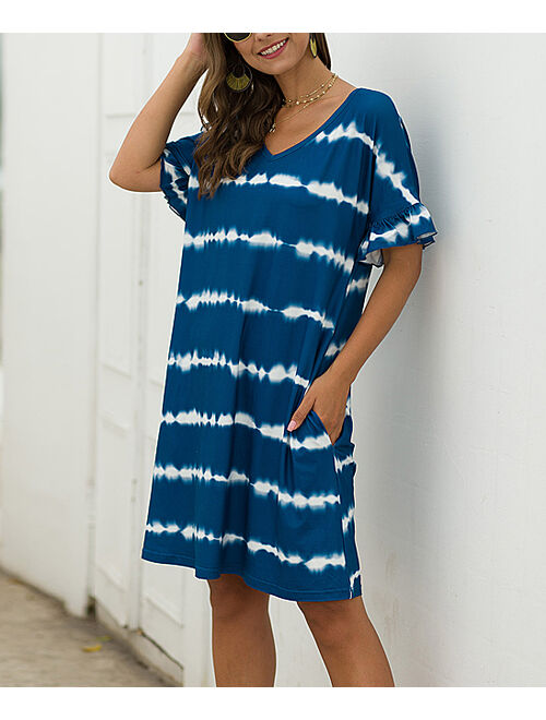 Supreme Fashion | Blue Tie-Dye Stripe V-Neck Pocket T-Shirt Dress - Women
