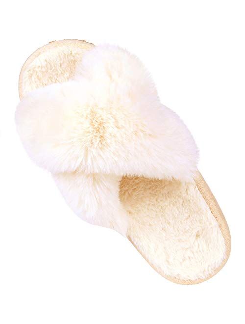 Women's Soft Plush Lightweight House Slippers Non Slip Cross Band Slip on Open Toe Cozy Indoor Outdoor Slippers