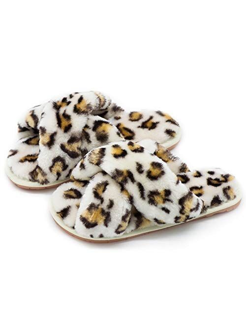Women's Fuzzy Fluffy Furry Fur Slippers Flip Flop Open Toe Cozy House Memory Foam Sandals Slides Soft Flat Comfy Anti-Slip Spa Indoor Outdoor Slip on