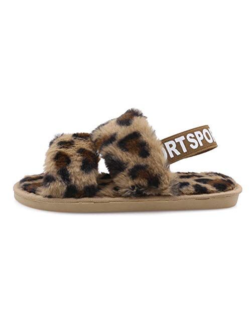 Women's House Fuzzy Slipper Fluffy Sandals Slides Leopard Print Soft Warm Comfy Cozy Bedroom Open Toe House Indoor Outdoor Slippers Sandals with Elastic Strap