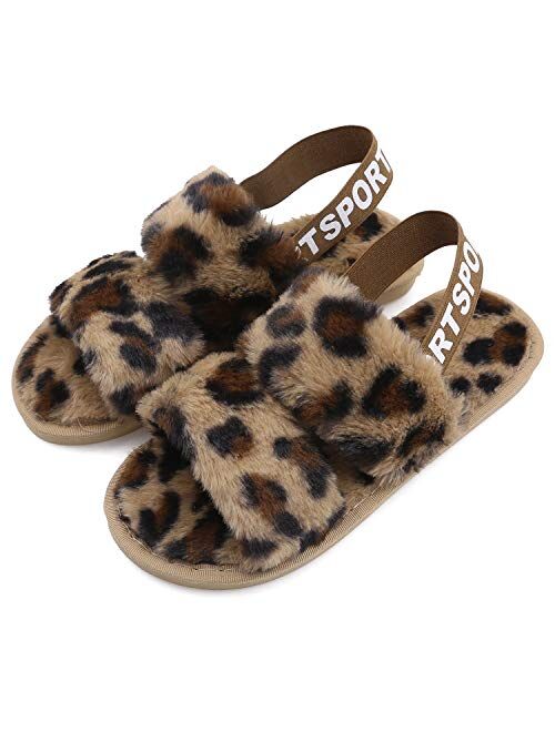Women's House Fuzzy Slipper Fluffy Sandals Slides Leopard Print Soft Warm Comfy Cozy Bedroom Open Toe House Indoor Outdoor Slippers Sandals with Elastic Strap