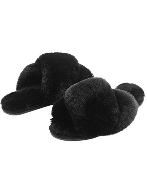 Slippers for Women, Open Toe Fuzzy Fluffy House Slippers Cozy Memory Foam Anti-Skid Plush Criss Cross Furry Slides Indoor Outdoor