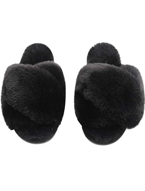Slippers for Women, Open Toe Fuzzy Fluffy House Slippers Cozy Memory Foam Anti-Skid Plush Criss Cross Furry Slides Indoor Outdoor