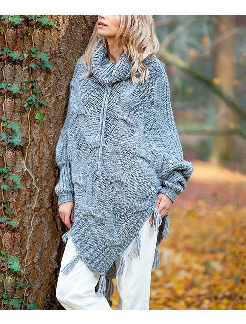 Fobya | Gray Tassel-Trim Sweater Poncho - Women