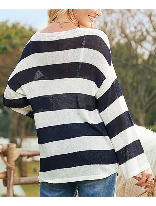 Suzanne Betro | Navy & White Stripe Side-Drawstring Boatneck Sweater - Women & Plus