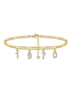 Turandoss Birth Year Number Ankle Bracelets for Women, 14K Gold Filled Dainty CZ Date Anklet Personalized Birth Year Number Ankle Bracelets for Women Beach Foot Jewelry