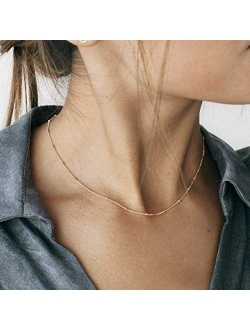 18k Gold Satellite Chain Choker Lava Bead Pendant Necklace Dainty Jewelry for Women 16''