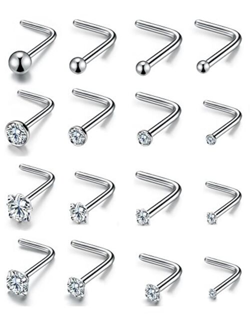 20G 16Pcs Stainless Steel Stud Nose Ring CZ L Shape Nose Body Piercing for Womens Mens