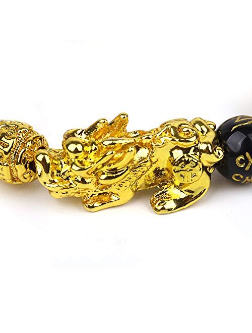 Goldenlight 2 Pcs Pi Xiu Bracelet Feng Shui Black Obsidian Wealth Bracelet for Women Men Adjustable Elastic