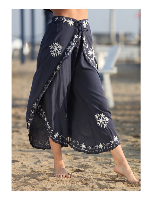 Ananda's Collection | Navy & White Floral Embroidered Palazzo Pants - Women