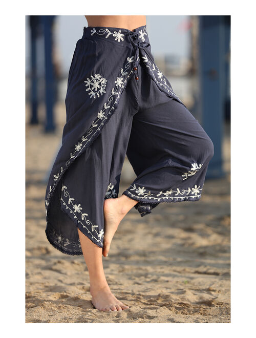 Ananda's Collection | Navy & White Floral Embroidered Palazzo Pants - Women
