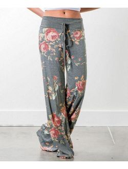 Floral Blooming | Light Gray & Pink Floral Drawstring-Waist Lounge Pants - Women