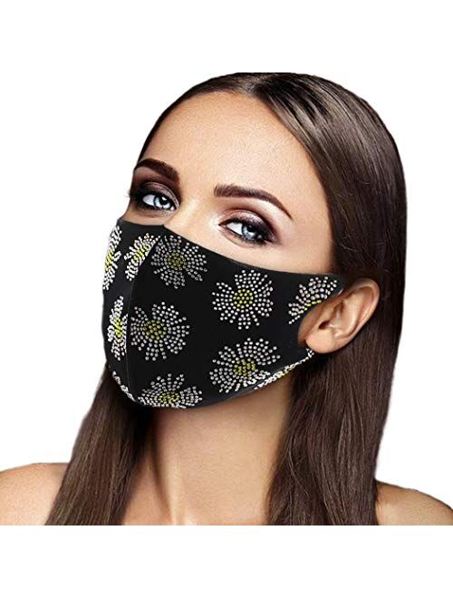 Yokawe Glitter Crystal Face Covers Black Floral Cotton Face Cover Sparkly Rhinestone Reusable Costume Decoration for Women and Girls
