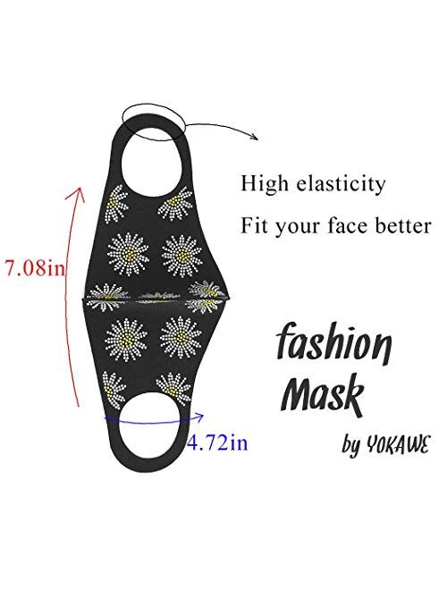 Yokawe Glitter Crystal Face Covers Black Floral Cotton Face Cover Sparkly Rhinestone Reusable Costume Decoration for Women and Girls
