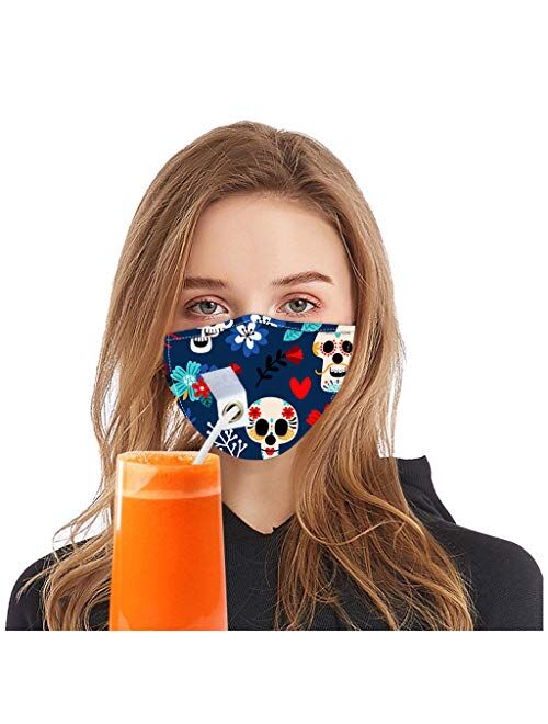 Adults Face Bandanas with Drinking Straw Hole, Reusable Mouth Nose Drink Protective Face Covering, Unisex Breathable Mouth Outdoor Protection Facial Towel for Women Men