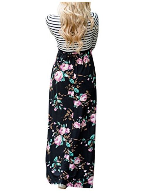 MEROKEETY Women's Striped Floral Print 3/4 Sleeve Tie Waist Maxi Dress with Pockets