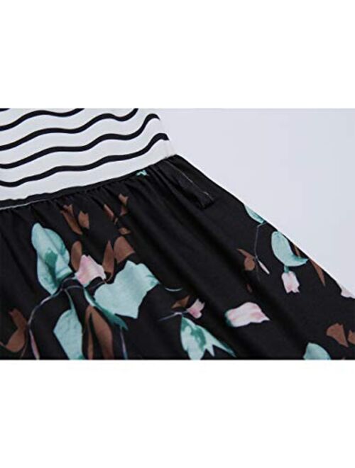 MEROKEETY Women's Striped Floral Print 3/4 Sleeve Tie Waist Maxi Dress with Pockets