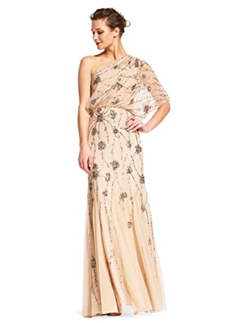 Adrianna Papell Women's One Shoulder Beaded Blouson Dress Gown