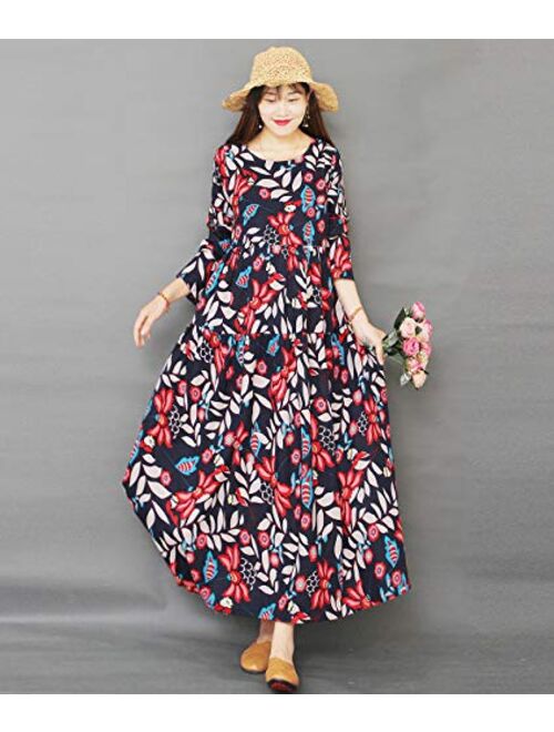 Women Casual Loose Long Maxi Swing Dress Bohemian Floral Printed Long Sleeve Round Neck/Pockets EK6