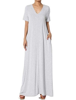 S~3X Casual V-Neck Short Sleeve Loose Fit Long Maxi Dress with Pockets