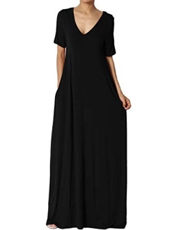 S~3X Casual V-Neck Short Sleeve Loose Fit Long Maxi Dress with Pockets