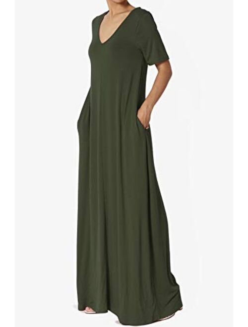 TheMogan S~3X Casual V-Neck Short Sleeve Loose Fit Long Maxi Dress with Pockets