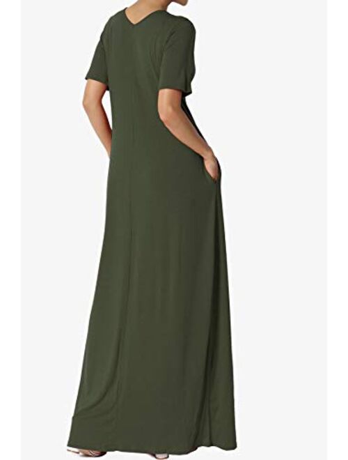 TheMogan S~3X Casual V-Neck Short Sleeve Loose Fit Long Maxi Dress with Pockets
