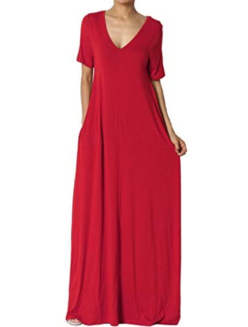 TheMogan S~3X Casual V-Neck Short Sleeve Loose Fit Long Maxi Dress with Pockets