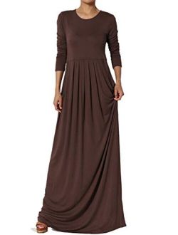 S~3X 1/2 Short Sleeve Shirred Viscose Jersey Round Neck Long Maxi Dress