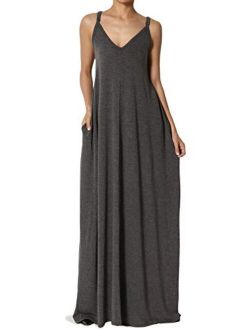 Casual Beach V-Neck Draped Soft Jersey Cami Long Maxi Dress with Pocket