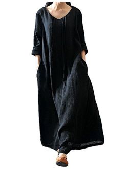 Romacci Women's Casual Loose Maxi Long Dress Vintage Long Sleeve Cotton Dress