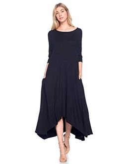 12 Ami Solid 3/4 Sleeve Pocket Loose Maxi Dress (S-3X) - Made in USA