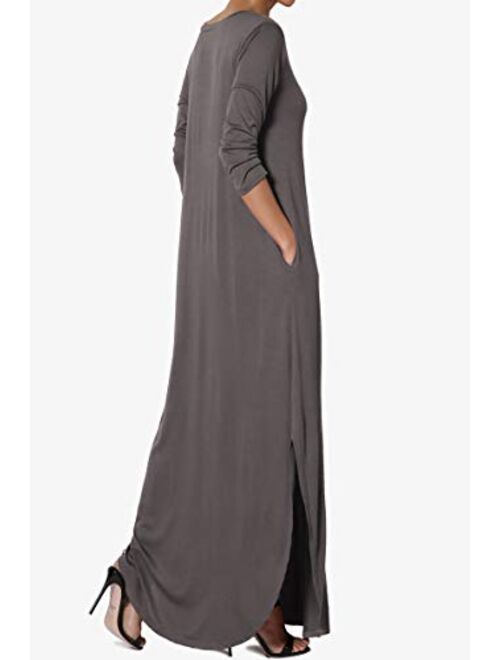 TheMogan S~3X 3/4 Sleeve Loose Plain Curved Split Hem Long Maxi Dress w Pocket