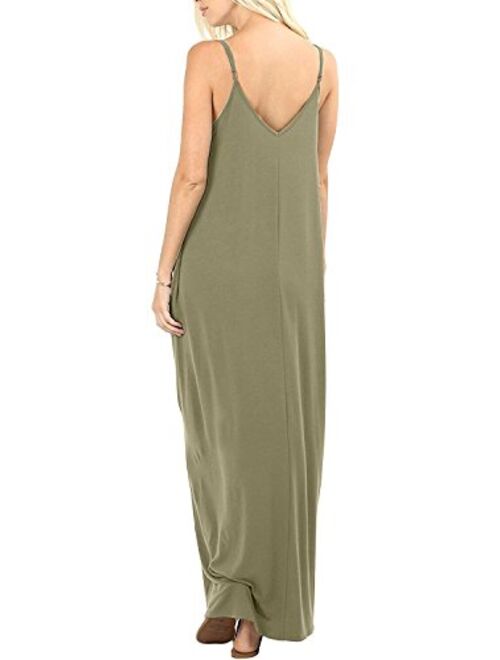 Vansha Womens Casual Plain V-Neck Loose Beach Cover-Up Long Maxi Cami Dress Pockets