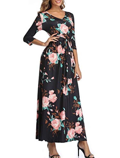 CYiNu Women's 3/4 Sleeve V Neck Casual Floral Print Pocket Faux Wrap Long Maxi Dress with Belt