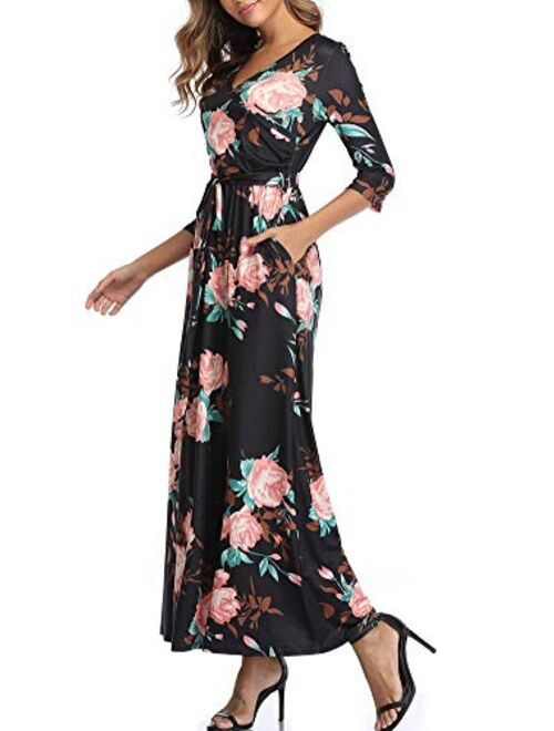 CYiNu Women's 3/4 Sleeve V Neck Casual Floral Print Pocket Faux Wrap Long Maxi Dress with Belt
