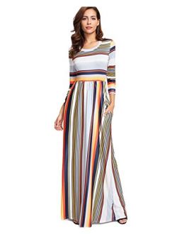 Women's Casual Long Sleeve Elastic Waist Striped Maxi Dress with Pockets