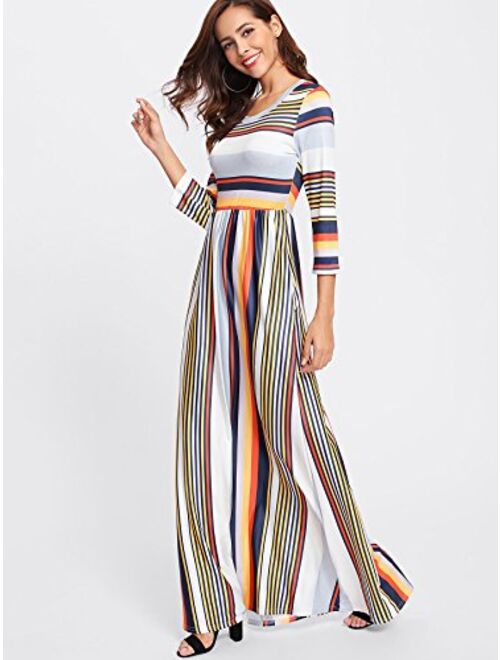Milumia Women's Casual Long Sleeve Elastic Waist Striped Maxi Dress with Pockets