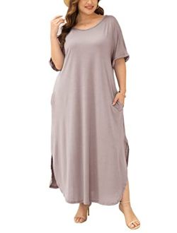Yskkt Women's Plus Size Maxi Dresses Short Sleeve Casual Summer Split T Shirt Long Dress with Pockets