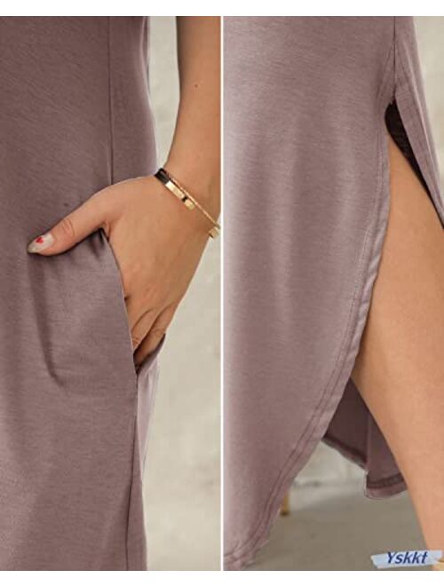 Yskkt Women's Plus Size Maxi Dresses Short Sleeve Casual Summer Split T Shirt Long Dress with Pockets
