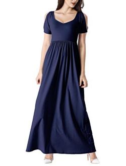 VFSHOW Womens Summer Cold Shoulder Pockets Pleated Loose Plain Formal Casual Party Maxi Dress